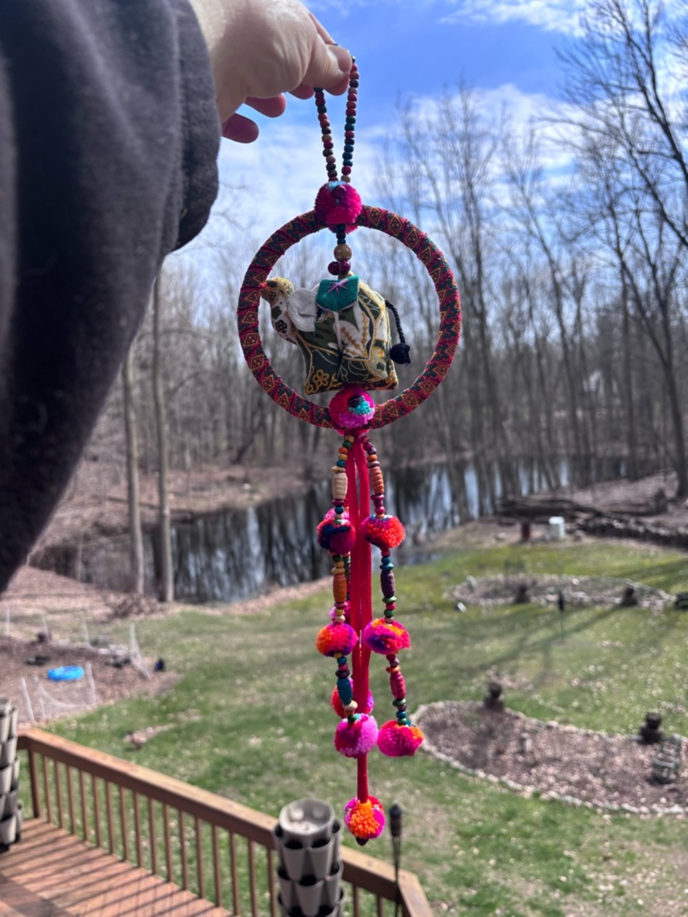 Handmade Hanging Elephant Pom-Pom Ornament - Multicolored Good Luck Trunk Up